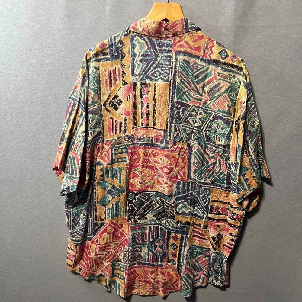 Vintage Abstract Geometric Print Button Down Shirt Mens XL Short Sleeve